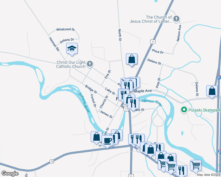 map of restaurants, bars, coffee shops, grocery stores, and more near 34 Church Street in Pulaski