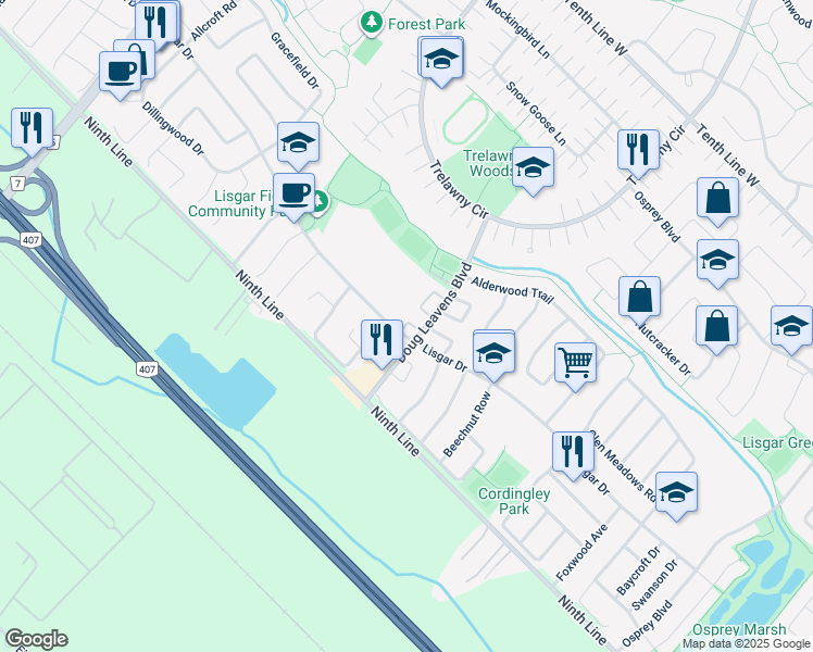 map of restaurants, bars, coffee shops, grocery stores, and more near in Mississauga