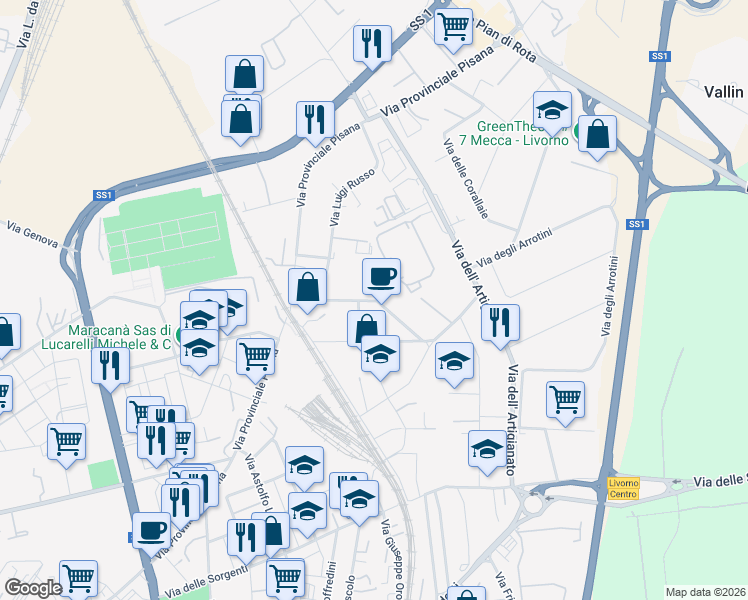 map of restaurants, bars, coffee shops, grocery stores, and more near 22 Viale Giacomo Leopardi in Livorno