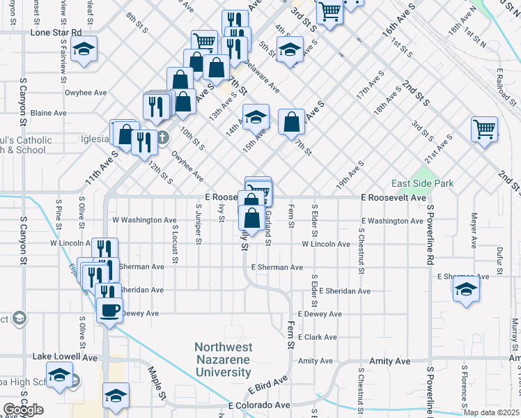 map of restaurants, bars, coffee shops, grocery stores, and more near 124 Holly Street in Nampa