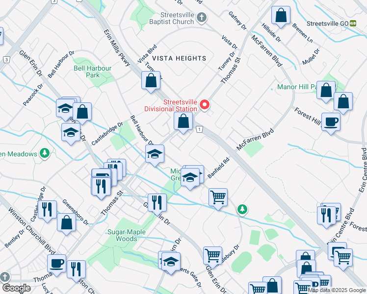 map of restaurants, bars, coffee shops, grocery stores, and more near 2550 Thomas Street in Mississauga