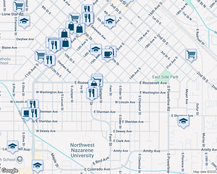 map of restaurants, bars, coffee shops, grocery stores, and more near 111 Fern Street in Nampa