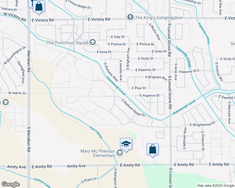 map of restaurants, bars, coffee shops, grocery stores, and more near 1004 East Radiant Ridge Drive in Meridian