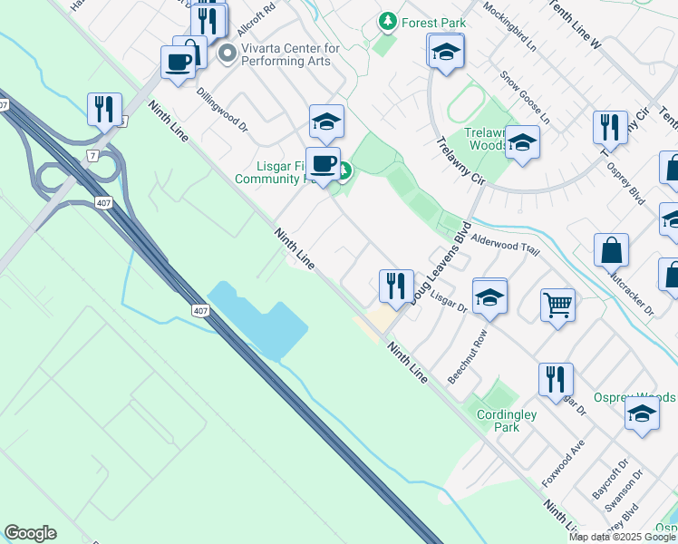 map of restaurants, bars, coffee shops, grocery stores, and more near 3672 Indigo Crescent in Mississauga