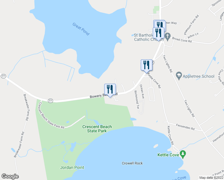 map of restaurants, bars, coffee shops, grocery stores, and more near 51 Bowery Beach Road in Cape Elizabeth