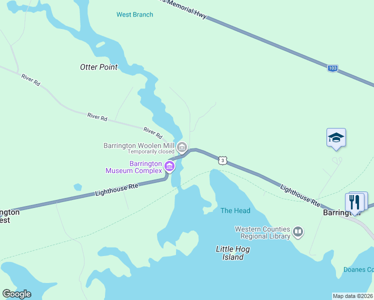 map of restaurants, bars, coffee shops, grocery stores, and more near 2359 Nova Scotia Trunk 3 in Barrington
