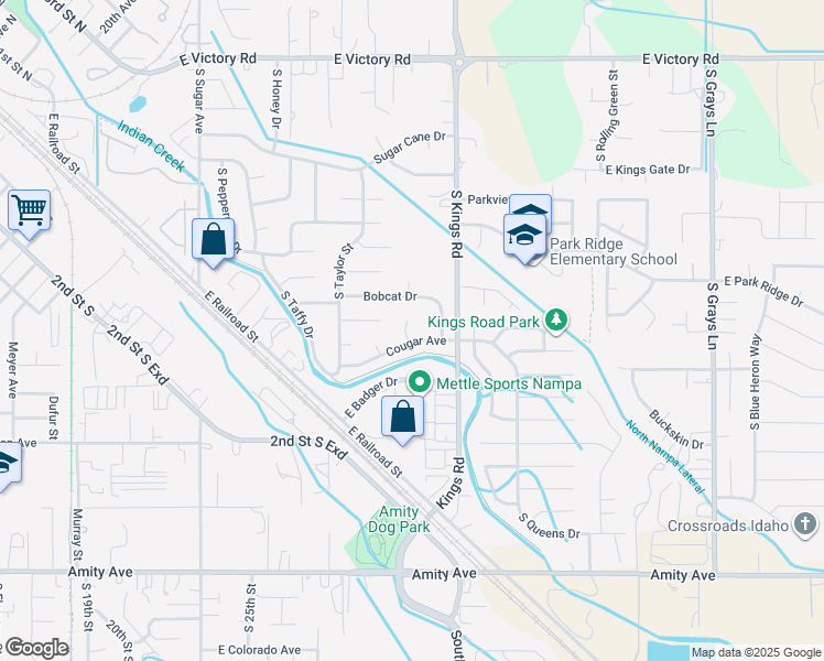 map of restaurants, bars, coffee shops, grocery stores, and more near 116 Cougar Place in Nampa