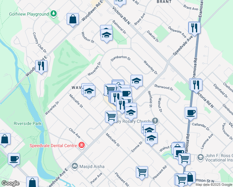 map of restaurants, bars, coffee shops, grocery stores, and more near 55 Knightswood Boulevard in Guelph