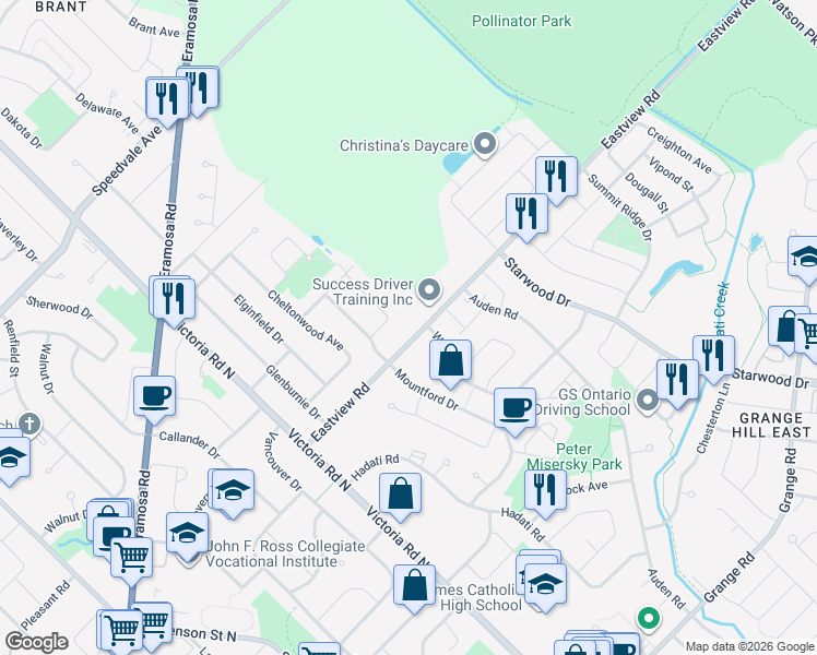 map of restaurants, bars, coffee shops, grocery stores, and more near 60 A Eastview Road in Guelph