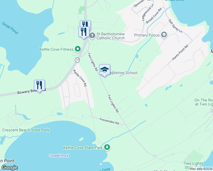map of restaurants, bars, coffee shops, grocery stores, and more near 44 Two Lights Road in Cape Elizabeth