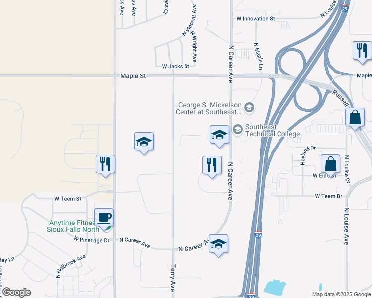 map of restaurants, bars, coffee shops, grocery stores, and more near 2221 North Career Avenue in Sioux Falls
