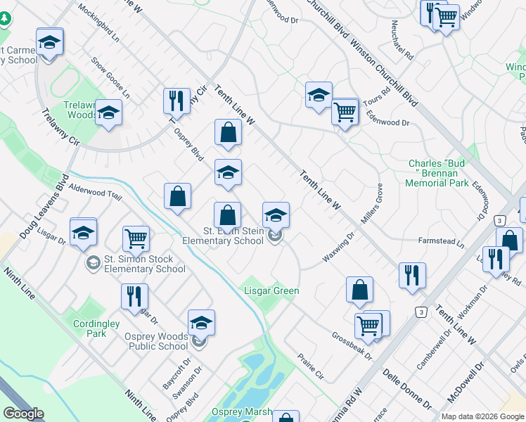map of restaurants, bars, coffee shops, grocery stores, and more near 6240 Snowflake Lane in Mississauga