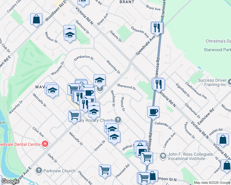 map of restaurants, bars, coffee shops, grocery stores, and more near 4 Sherwood Drive in Guelph