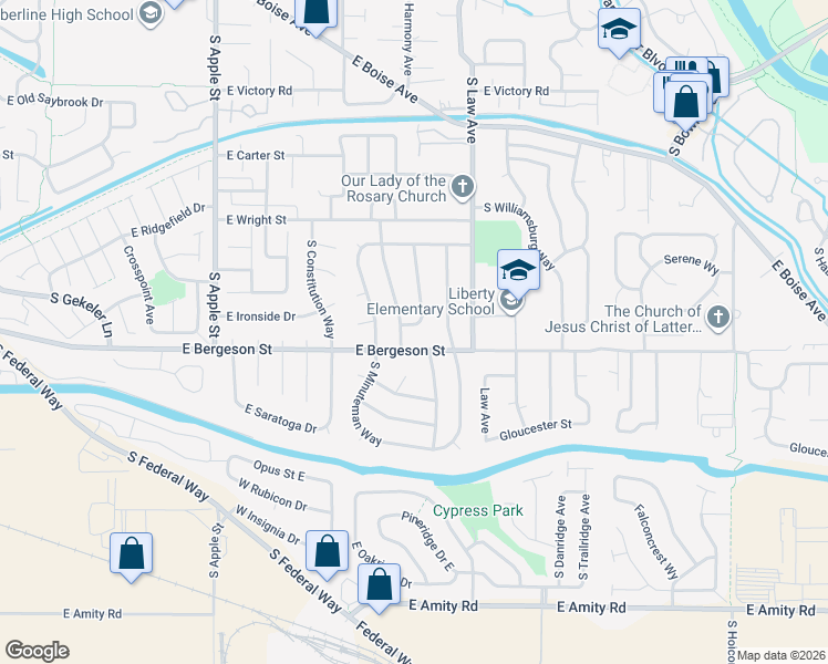 map of restaurants, bars, coffee shops, grocery stores, and more near 3680 South Centennial Way in Boise
