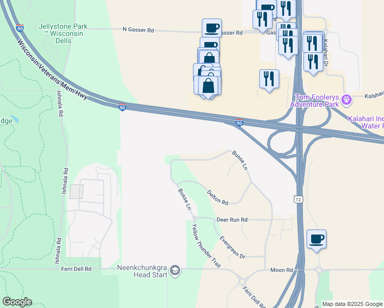map of restaurants, bars, coffee shops, grocery stores, and more near E10710 Busse Lane in Baraboo