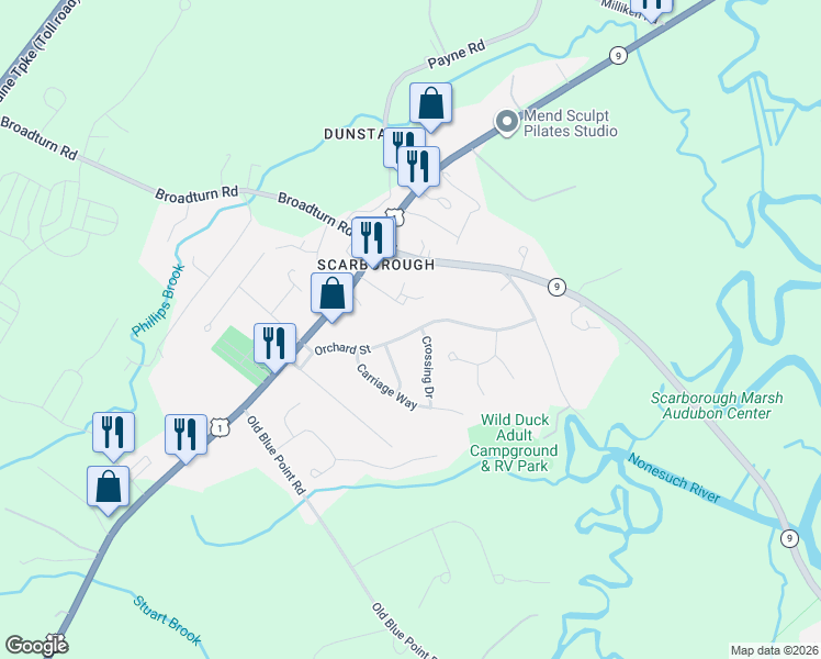 map of restaurants, bars, coffee shops, grocery stores, and more near 28 Orchard Street in Scarborough