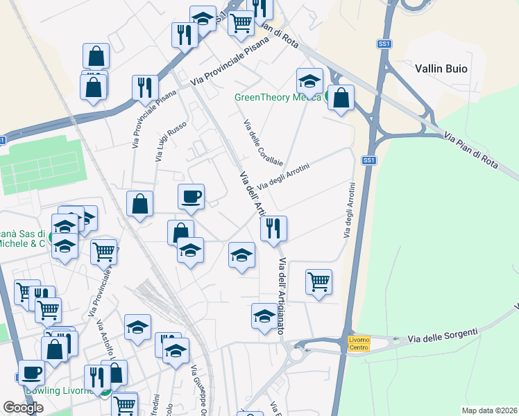 map of restaurants, bars, coffee shops, grocery stores, and more near Via dei Cordai in Livorno