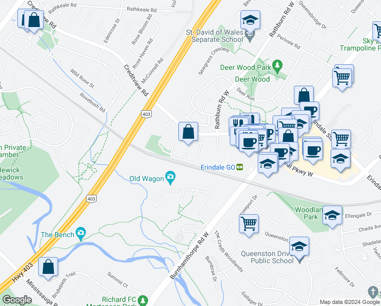 map of restaurants, bars, coffee shops, grocery stores, and more near 1336 Quinpool Court in Mississauga