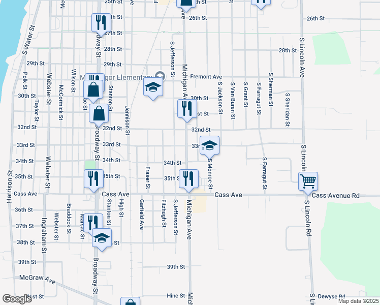 map of restaurants, bars, coffee shops, grocery stores, and more near 1221-1299 Michigan Ave in Bay City