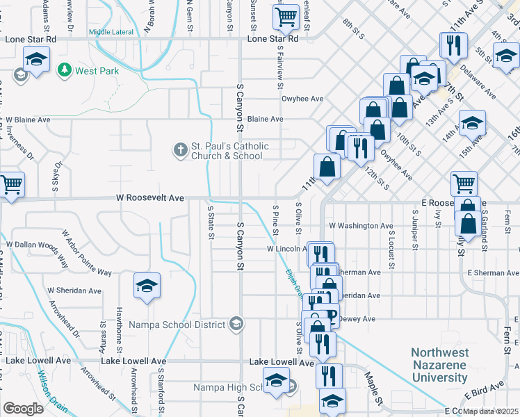 map of restaurants, bars, coffee shops, grocery stores, and more near 97 South Russell Street in Nampa