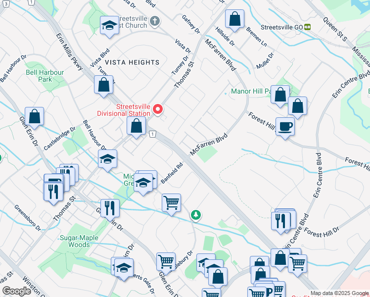 map of restaurants, bars, coffee shops, grocery stores, and more near 2409 Bankside Drive in Mississauga