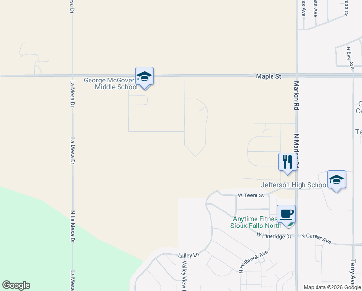 map of restaurants, bars, coffee shops, grocery stores, and more near 2301 North Valley View Road in Sioux Falls