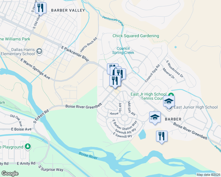 map of restaurants, bars, coffee shops, grocery stores, and more near 3660 South Pheasant Tail Way in Boise