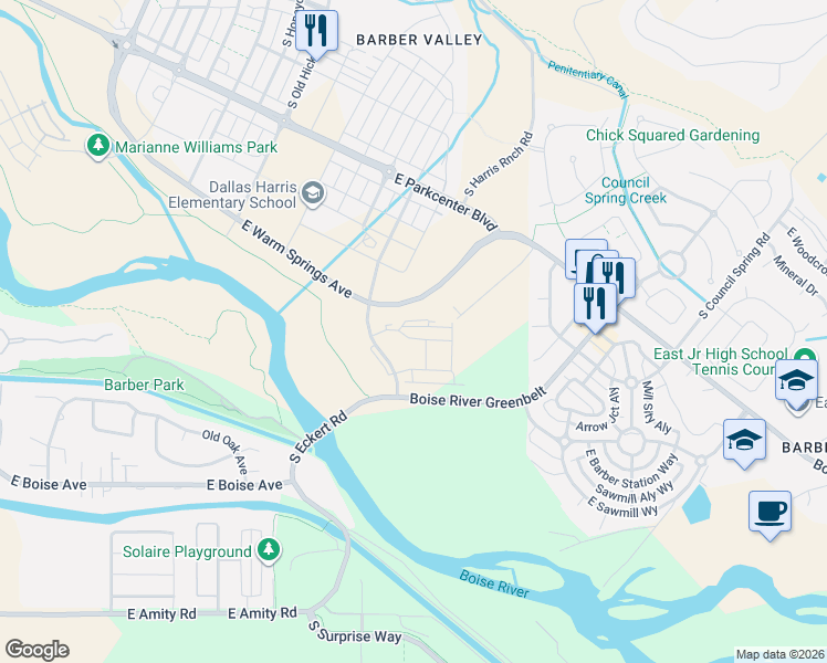 map of restaurants, bars, coffee shops, grocery stores, and more near 4455 East Warm Springs Avenue in Boise