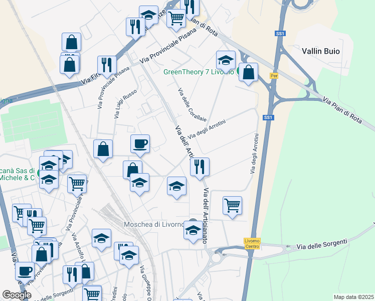map of restaurants, bars, coffee shops, grocery stores, and more near Via dei Cordai in Livorno