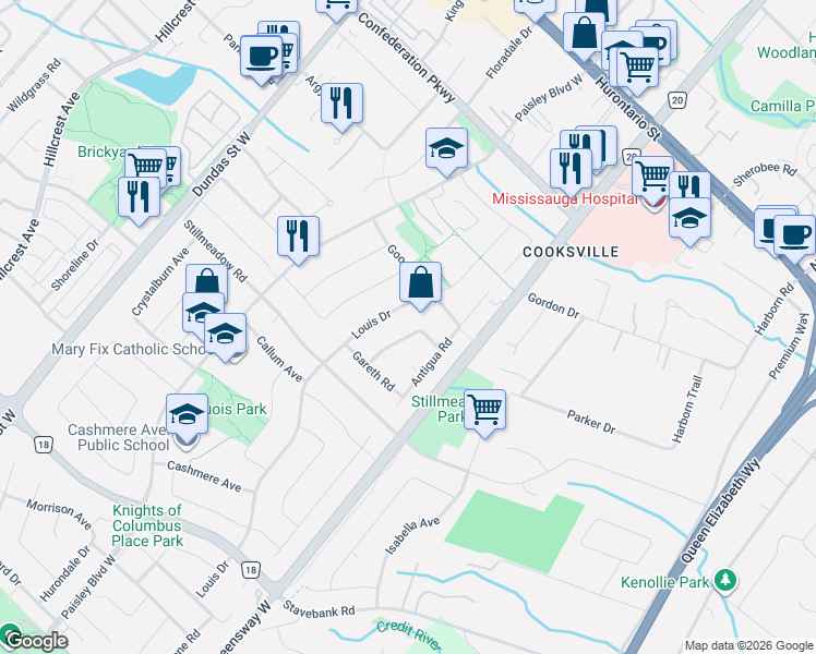 map of restaurants, bars, coffee shops, grocery stores, and more near 323 Montego Road in Mississauga