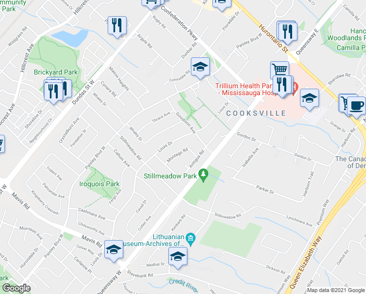 map of restaurants, bars, coffee shops, grocery stores, and more near 323 Montego Road in Mississauga