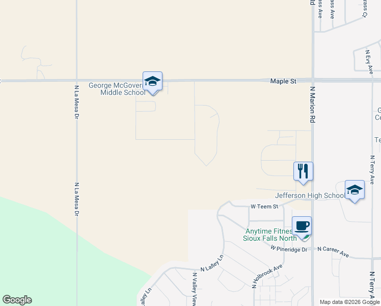 map of restaurants, bars, coffee shops, grocery stores, and more near 2301 North Valley View Road in Sioux Falls