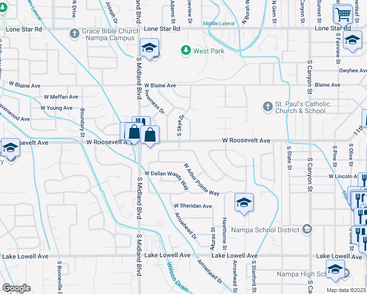 map of restaurants, bars, coffee shops, grocery stores, and more near 824 West Heather Woods Drive in Nampa