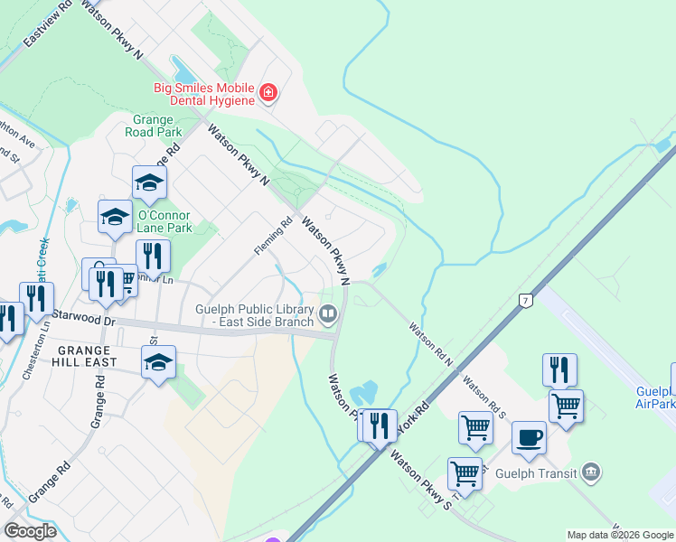 map of restaurants, bars, coffee shops, grocery stores, and more near 126 Watson Parkway North in Guelph