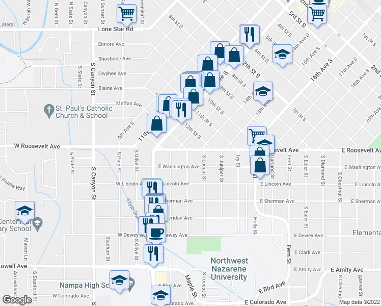 map of restaurants, bars, coffee shops, grocery stores, and more near 303 East Roosevelt Avenue in Nampa