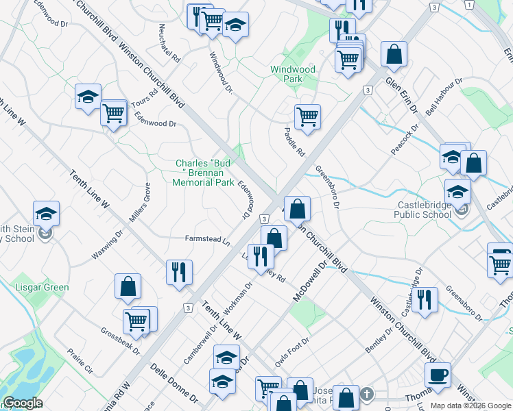 map of restaurants, bars, coffee shops, grocery stores, and more near 6101 Edenwood Drive in Mississauga