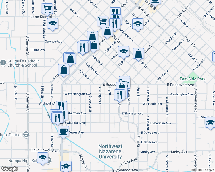 map of restaurants, bars, coffee shops, grocery stores, and more near 103 Ivy Street in Nampa
