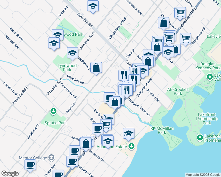 map of restaurants, bars, coffee shops, grocery stores, and more near 1149 Beachcomber Road in Mississauga