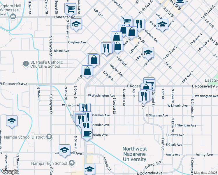 map of restaurants, bars, coffee shops, grocery stores, and more near 311 East Roosevelt Avenue in Nampa
