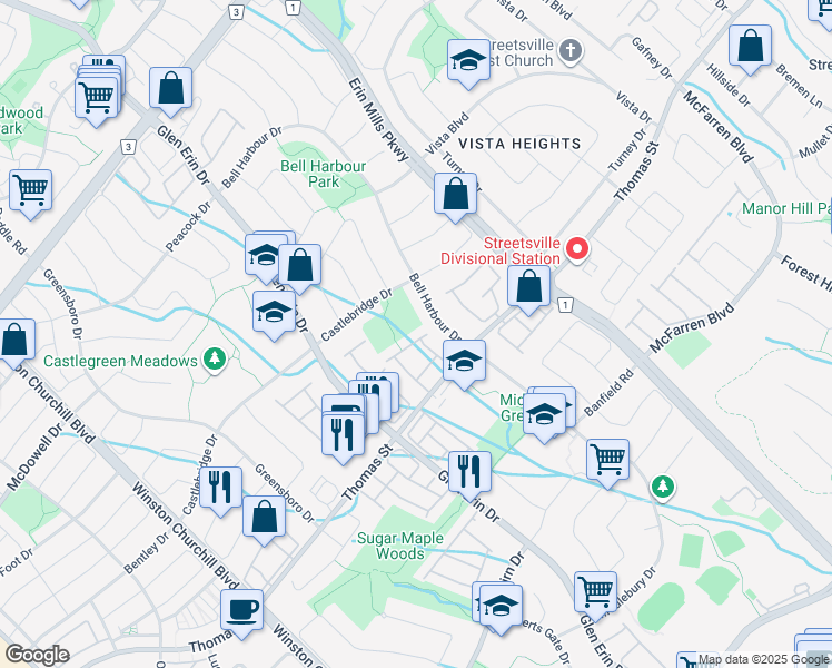 map of restaurants, bars, coffee shops, grocery stores, and more near 2665 Thomas Street in Mississauga