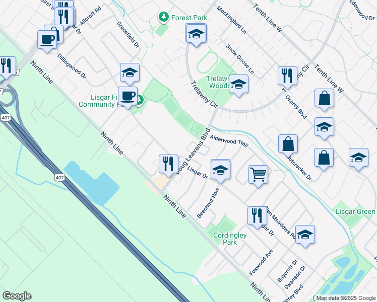 map of restaurants, bars, coffee shops, grocery stores, and more near 40 Doug Leavens Boulevard in Mississauga