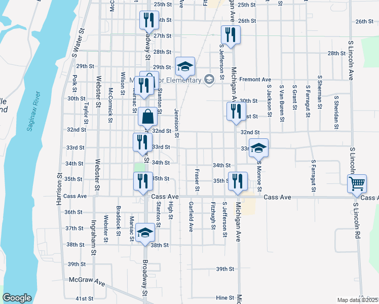 map of restaurants, bars, coffee shops, grocery stores, and more near 1025 33rd Street in Bay City