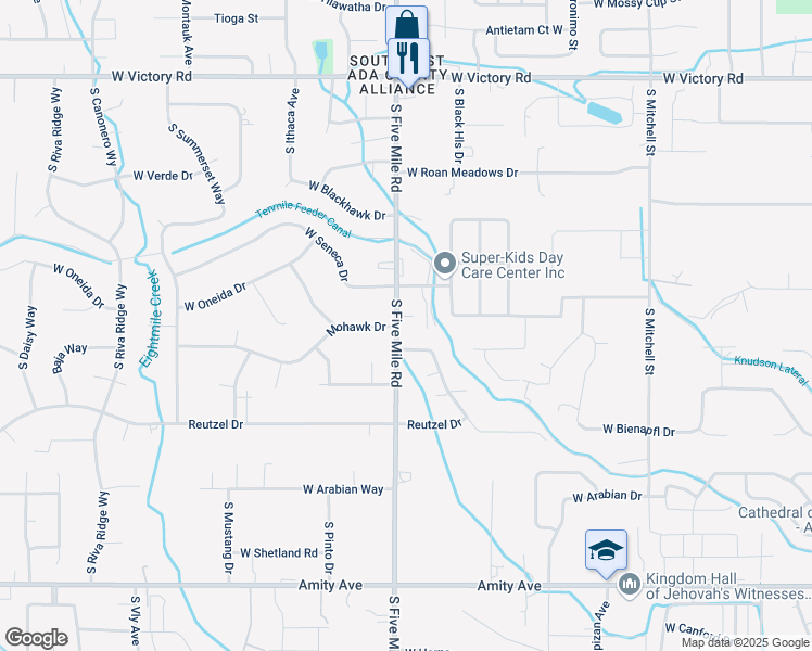 map of restaurants, bars, coffee shops, grocery stores, and more near 3800 South Five Mile Road in Boise