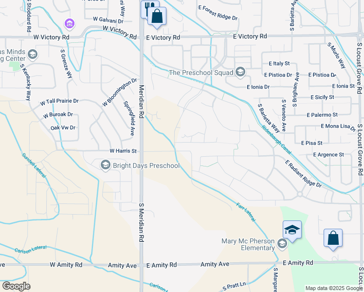 map of restaurants, bars, coffee shops, grocery stores, and more near 275 East Pisa Drive in Meridian