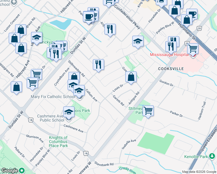 map of restaurants, bars, coffee shops, grocery stores, and more near in Mississauga