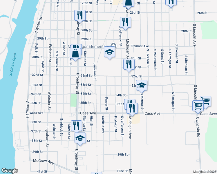 map of restaurants, bars, coffee shops, grocery stores, and more near 1107 33rd Street in Bay City