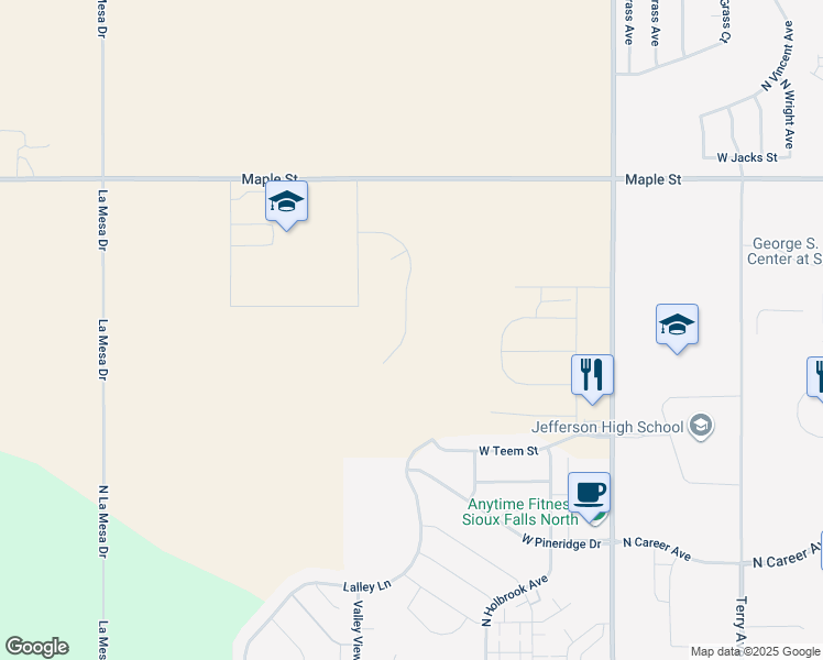 map of restaurants, bars, coffee shops, grocery stores, and more near 2301 North Valley View Road in Sioux Falls