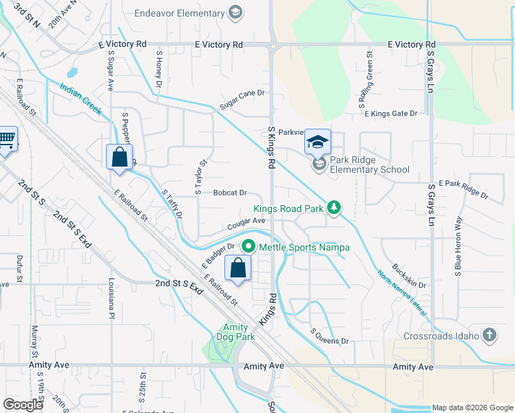 map of restaurants, bars, coffee shops, grocery stores, and more near 104 Bobcat Street in Nampa
