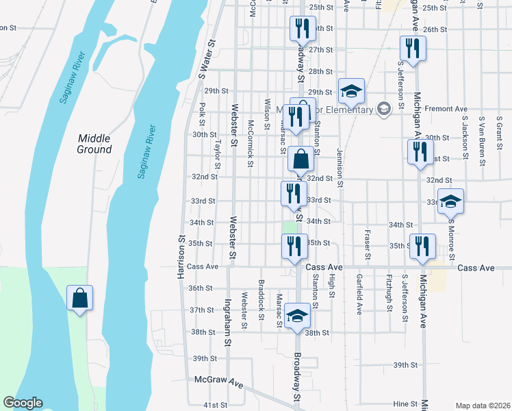 map of restaurants, bars, coffee shops, grocery stores, and more near 1209 McCormick Street in Bay City