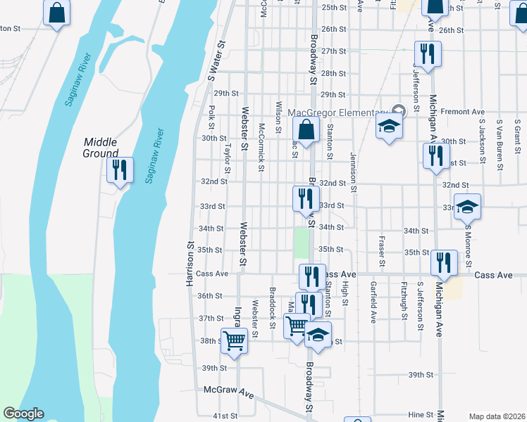 map of restaurants, bars, coffee shops, grocery stores, and more near 1209 McCormick Street in Bay City